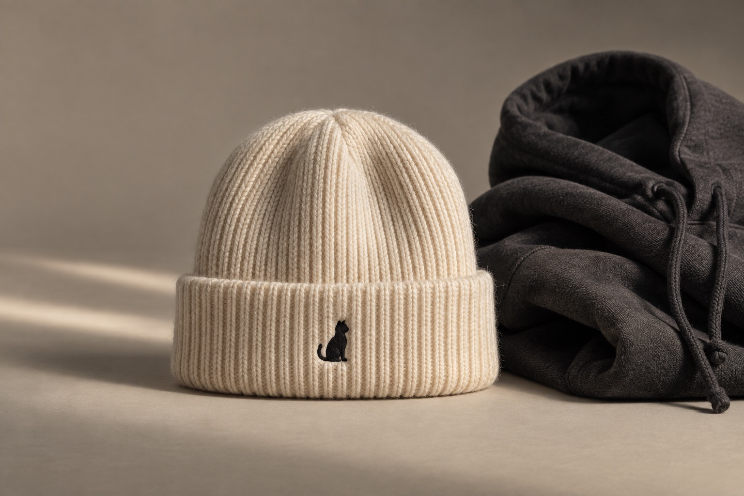 Concept still life of a cream beanie with a small black cat embroidery and a folded charcoal hoodie